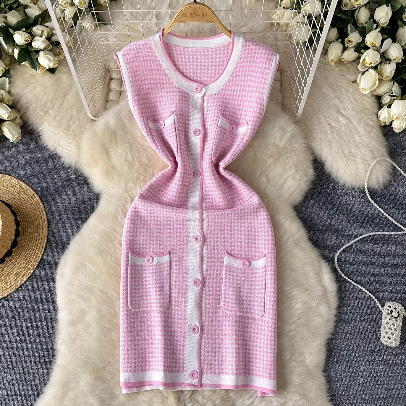 

Mini Dress Women Knitted Dresses Vestidos Streetwear Plaid Bodycon Sleeveless Single Breasted Elegant Y2k High Waist Party Club