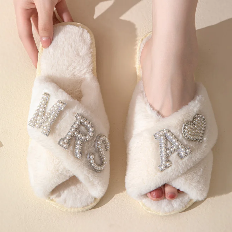 MRS Pearl Plush Winter Women Slippers for Wedding Day Fuzzy Slippers Honeymoon Trip Bachelorette Party Fluffy Slippers