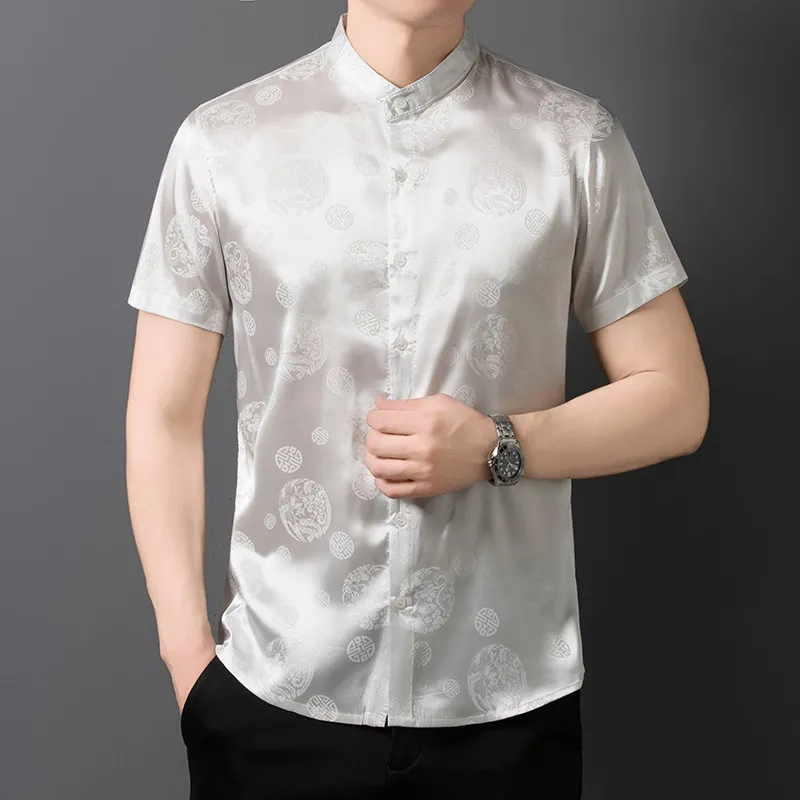 M-XXXXL Plus Men's Chinese Style Tang Suit Shirt Short Sleeve Mandarin Collar Jacquard Top with Frog Buttons for Wedding Party
