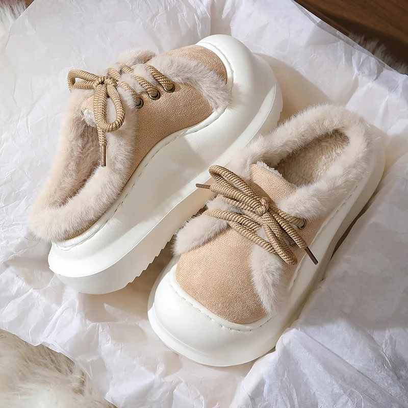 

Cute lace up cotton shoes for women winter home Indoor warm non-slip cotton slippers warm couple plush 2025 new