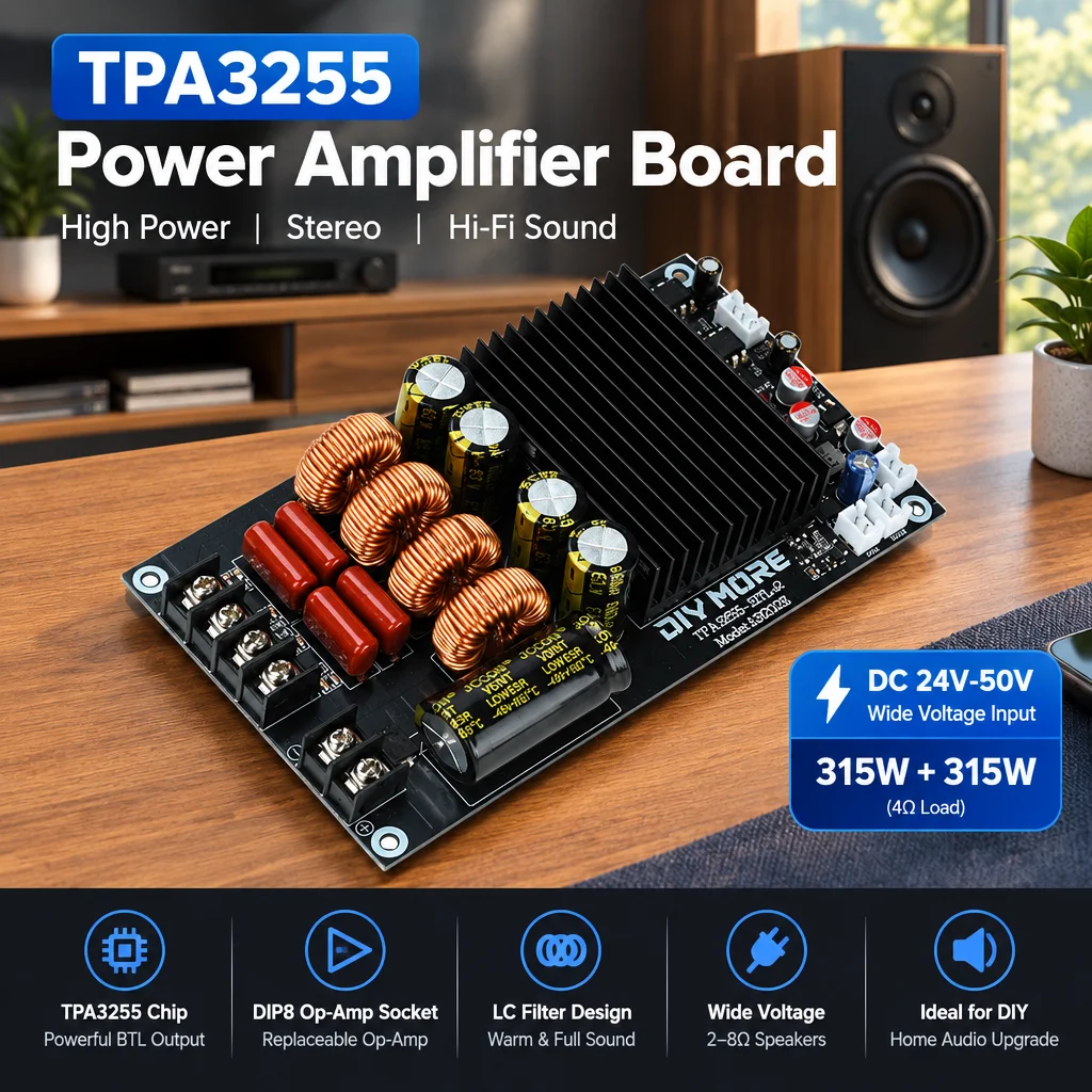 TPA3255 Amplifier Board Dual Channel Stereo Module 315W+315W High Power DC 24V- Class D Audio Amp for DIY Speaker & Home Theater