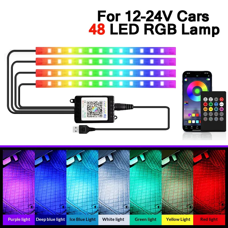 

48 LED Car Interior Ambient Lamp 4 in 1 RGB Foot Light Kit App Remote & Music Control Auto Colorful Atmosphere Decorative Lamp