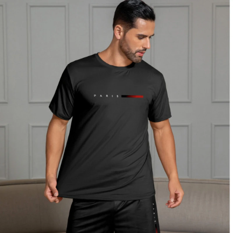 PARIS Men s casual suit spring and summer new style letter print American trend sports fashion short sleeved pants two-piece set