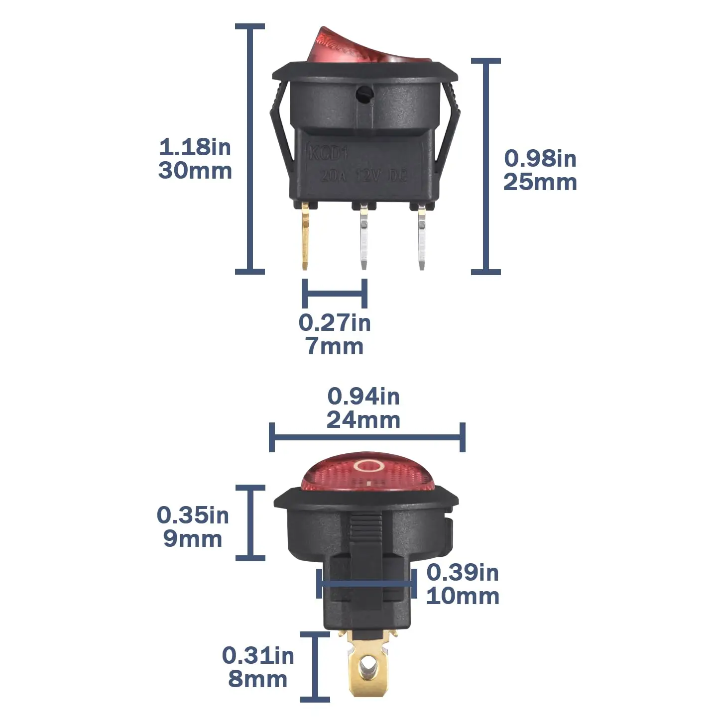 5PCS KCD1 On/Off 3-Pin 2-Position Snap 20A 12V Red LED Round Boat Rocker Switch with LED For Househeld DIY Replacement