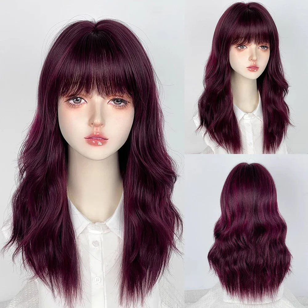 

Синтетические волнистые женские волосы Лолиты средней длины, малиновые красные парики с челкой, пушистый парик для косплея для повседневной вечеринки