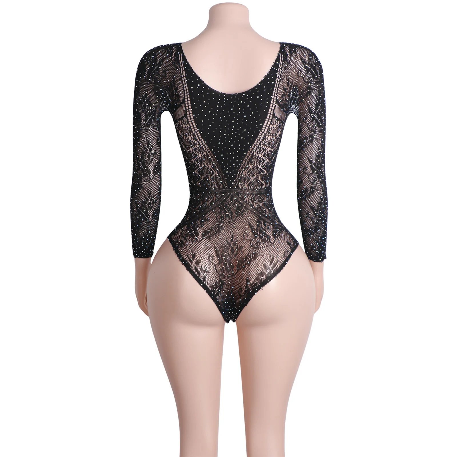 フィッシュネットラインストーンTバックボディスーツ袖柄ダンスウェアエキゾチック女性用衣装セクシーパフォーマンスウェアクラブウェアランジェリー