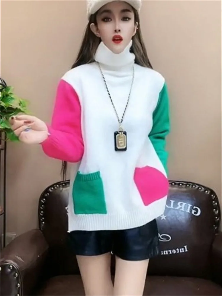 Cores casuais retalhos blusas de malha outono inverno gola alta roupas femininas commute bolsos elegantes coreano solto jumpers