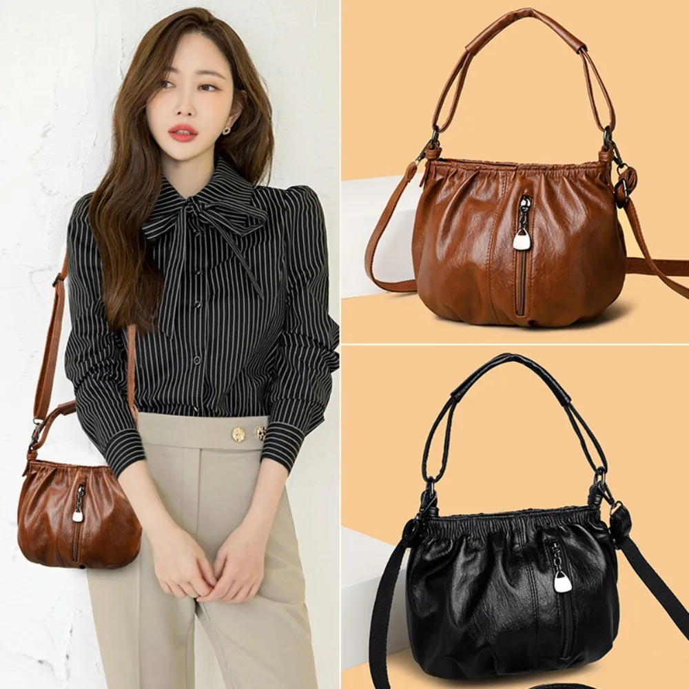 

Zipper Bucket Bag Retro Solid Color Pu Leather Crossbody Bag Womens Handbag Mom