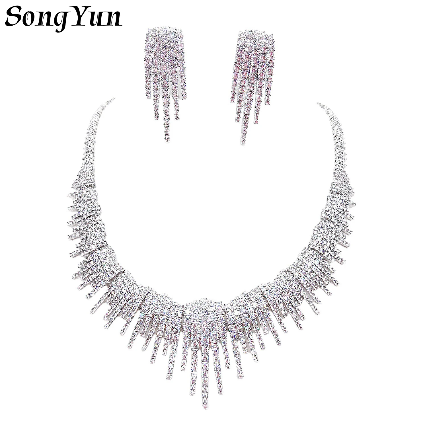 

Sparkling Starry Waterfall Radiance Zircon Necklace Earrings Set Luxury Glow Dazzling Bride Wedding Full Crystal Tassel Jewelry