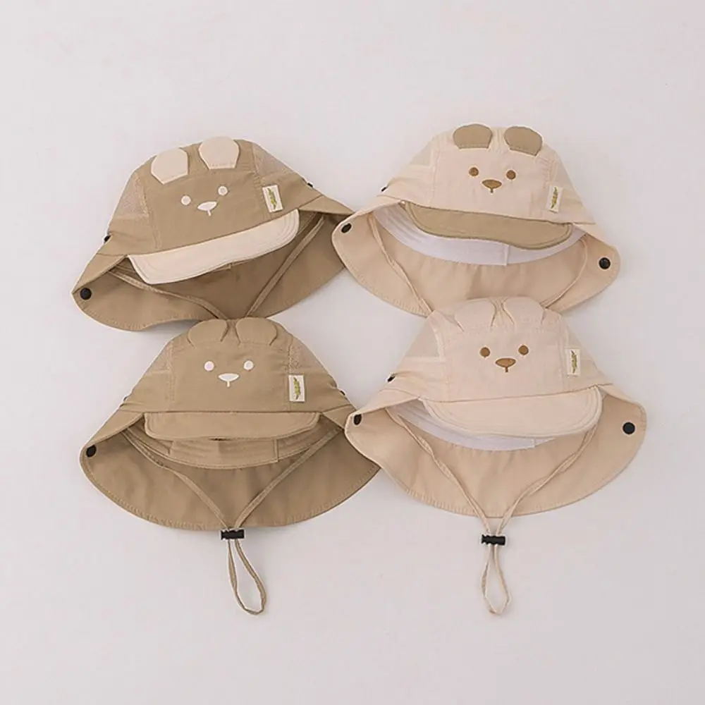 

New Cartoon Bear Ear Summer Baby Hat Embroidery Quick Dry Sun Cap Neck Protection Breathable Fisherman Hat Boys Girls