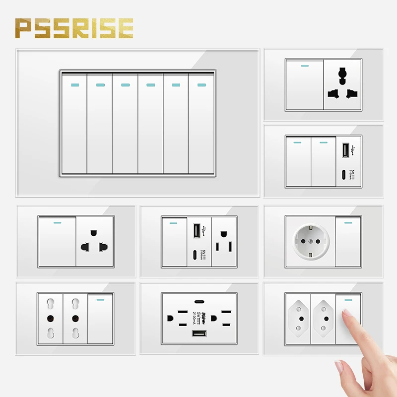 

PSSRISE White US Thai UN Wall Switch Socket with 2.1A USB Type-c Charger Tempered Glass Panel Light Switch Power Outlet 118*74mm
