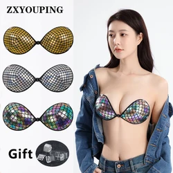 ZXYOUPING 반짝이는 푸시 업 접착 끈이 없는 브라, 3cm 두꺼운 실리콘 보이지 않는 방수 젖꼭지 테이프, 안티 Sl, 신제품