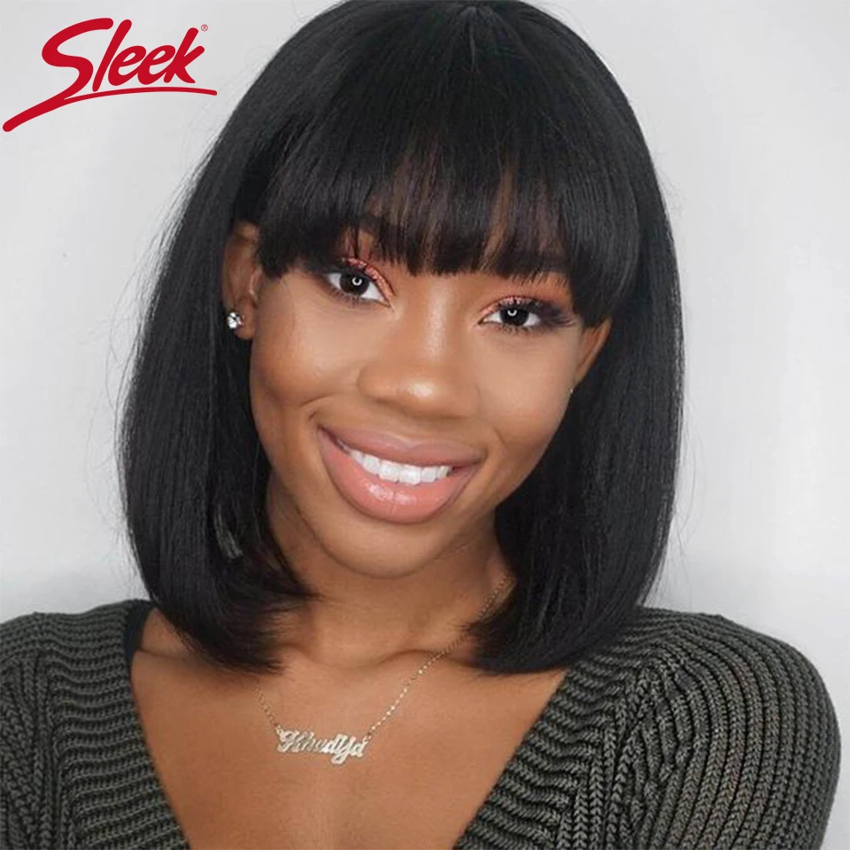 

Sleek Short Bob Human Hair Wigs With Bangs Highlight Ombre Colored Brazilian Hair Wigs For Women Cosplay Pixie Cut Woman Wig