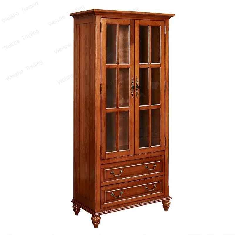 

Solid wood bookcase with glass door Household living room against the wall Wine cabinet Display cabinet