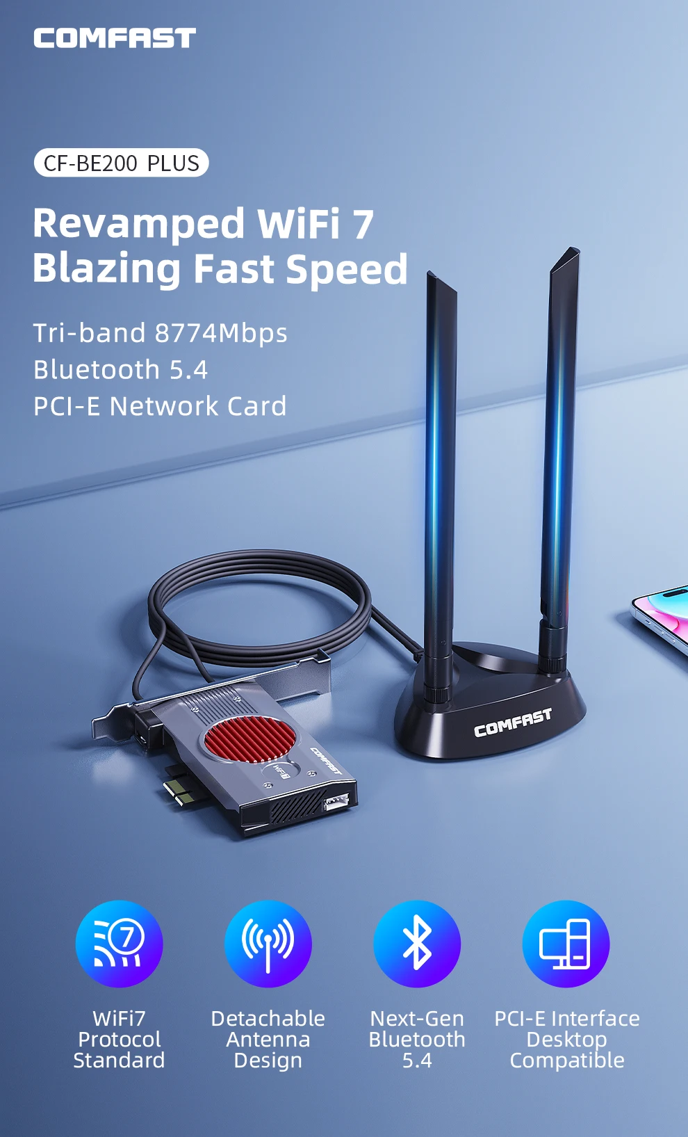 COMFAST WiFi 7 Pci Express Wifi Adapter BT5.4 WPA4 Wireless Card 802.11be 8774M Pcie Gigabit Network Card for Desktop Linux