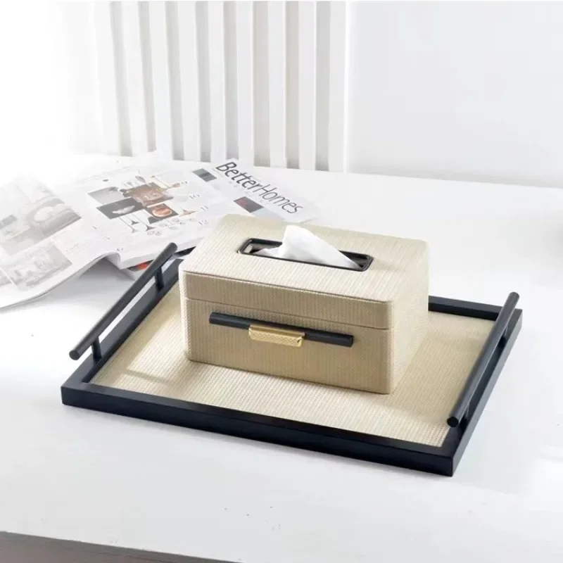 Leather Storage Tray Creative Gold Plated Rectangle Office Desktop Ornament Western Restaurant Tissue Box Modern Home Decoration