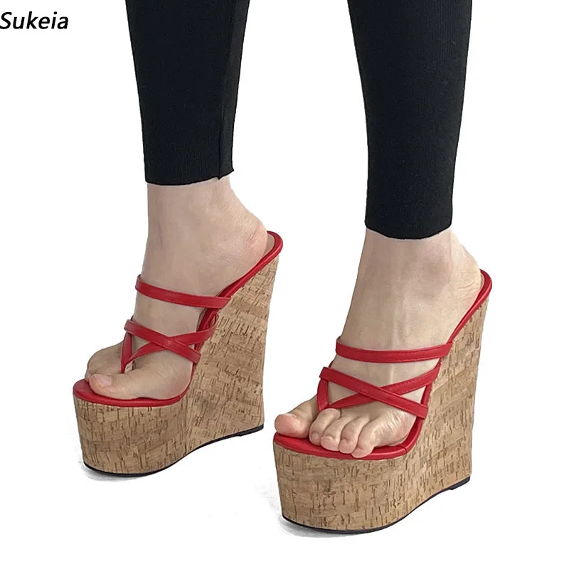 

Sukeia Женские сандалии ручной работы на платформе без шнуровки на танкетке Высокие каблуки с круглым носком Красные, зеленые туфли для вечеринок Женские американские большие размеры 5-15