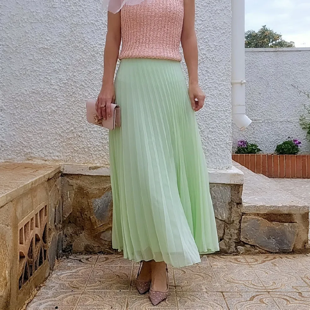 

PB&ZA 2025 simple temperament versatile solid color high waist pleated skirt long skirt summer new women's clothing