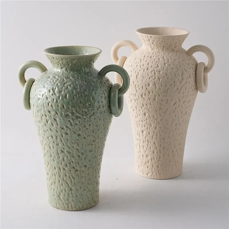 Retro Beige Ceramic Vase Wabi Sabi Style Home Decor Antique Green Flower Pot Creative Desktop Ornament For Living Room