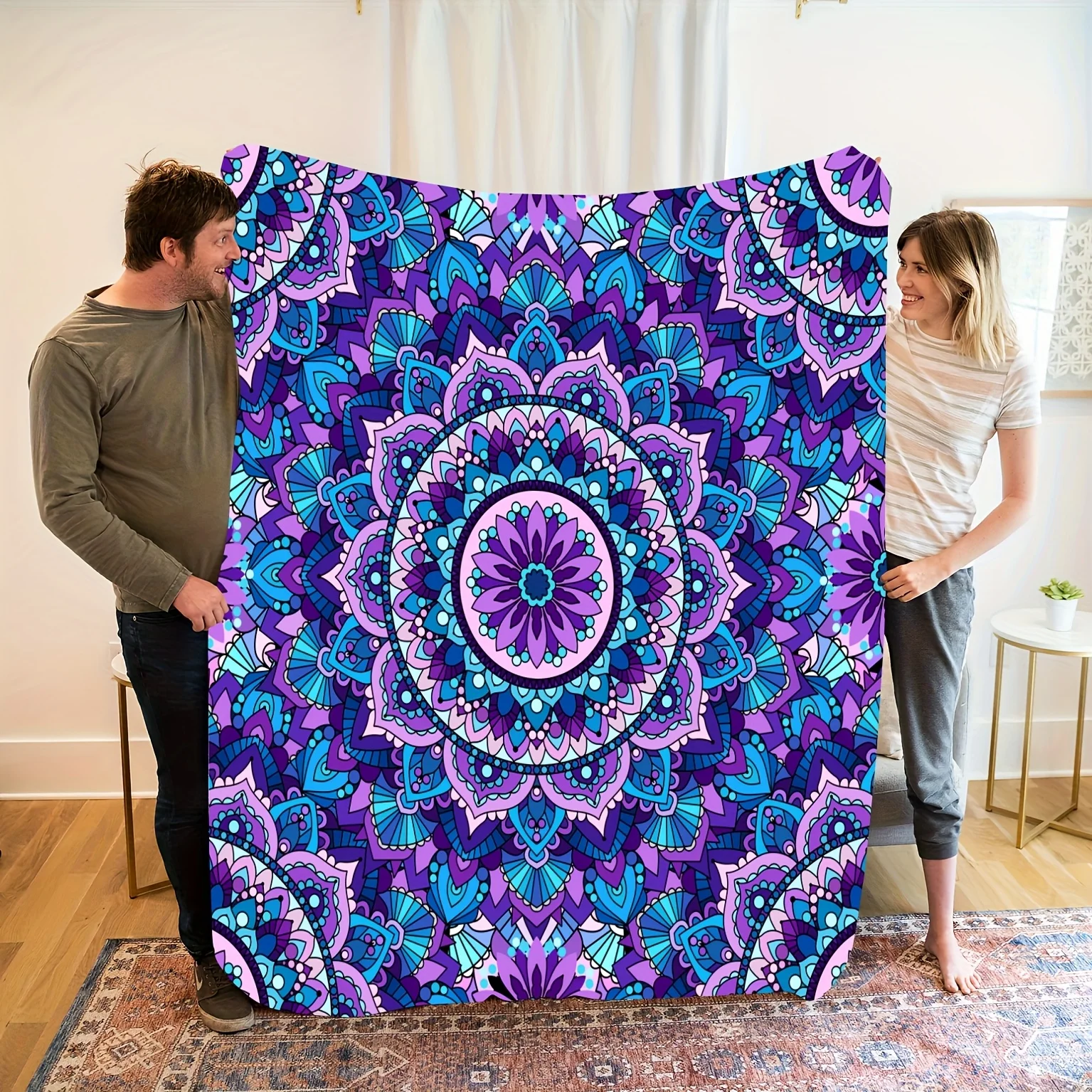 Cozy and Beautiful Mandala Pattern Gradient Purple Flannel Blanket, Perfect for Modern Home Decor, Stylish and Elegant Choice