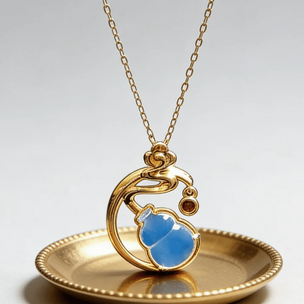 

Натуральный доминиканский синий янтарный кулон из стерлингового серебра, круглый бусина 15 мм, новый китайский стиль, кулон-тыква «Счастливое облако» для женщин