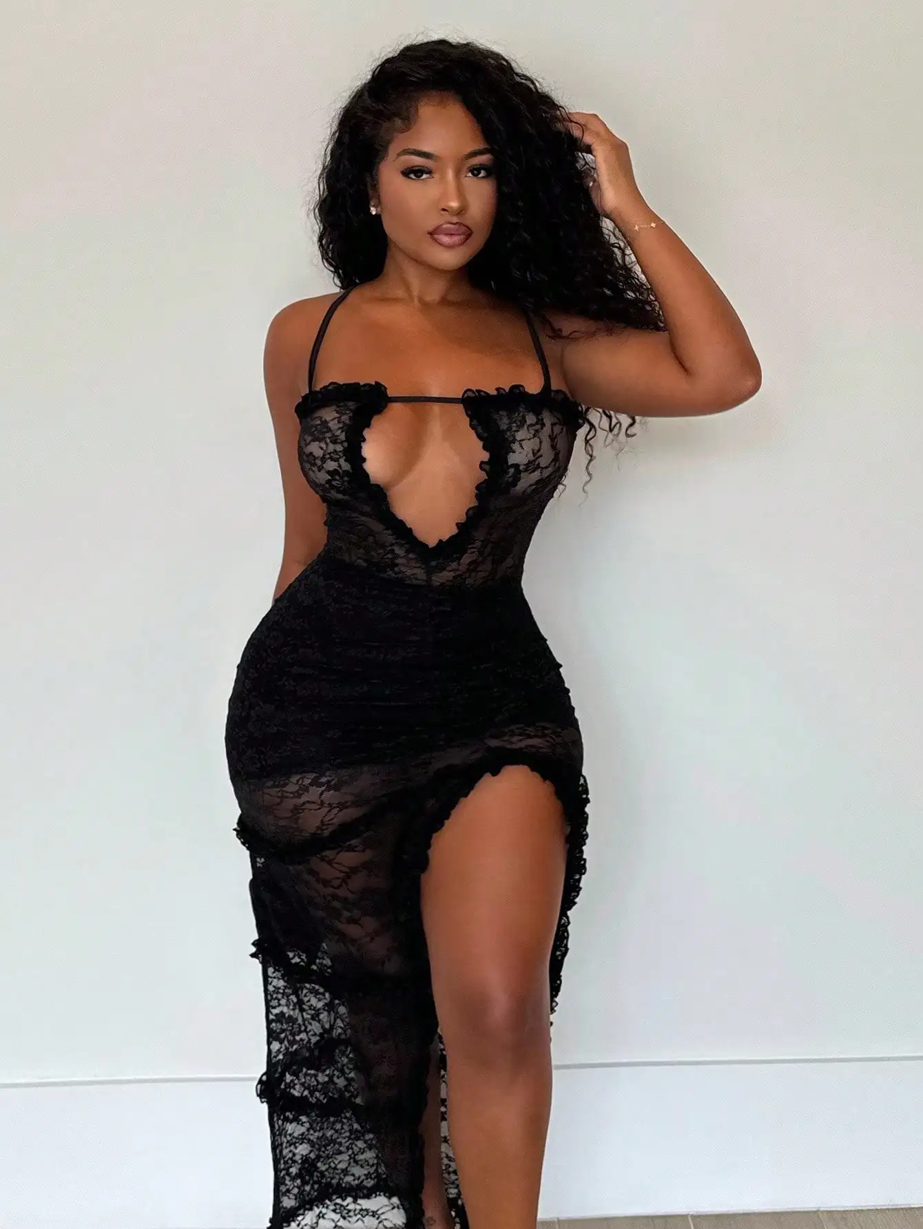 

Black Lace Halter Dress with High Slit, Sexy Bodycon for Night Out or Summer Party