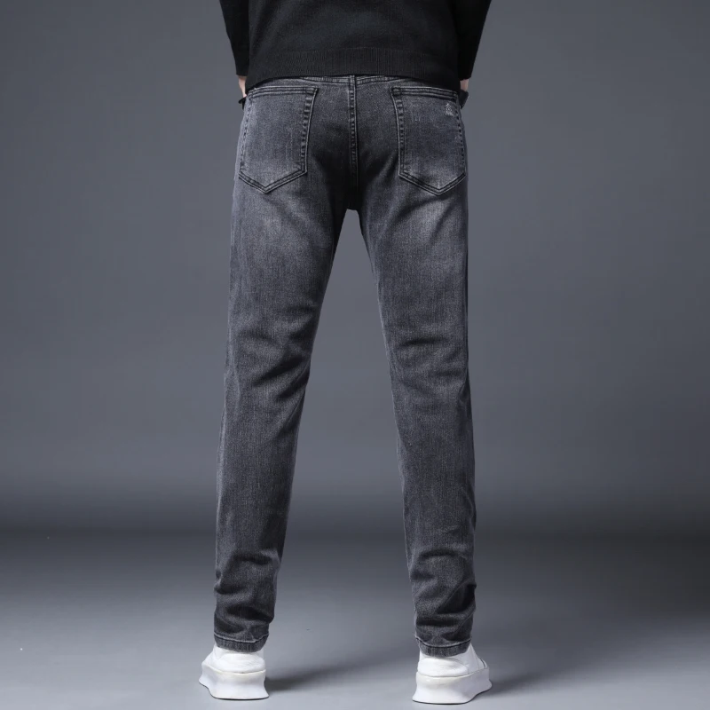 Jeans masculinos de algodão reto justo, calças jeans elásticas na moda coreana, roupas clássicas de marca, preto e cinza, 4 estações, novo, 2024