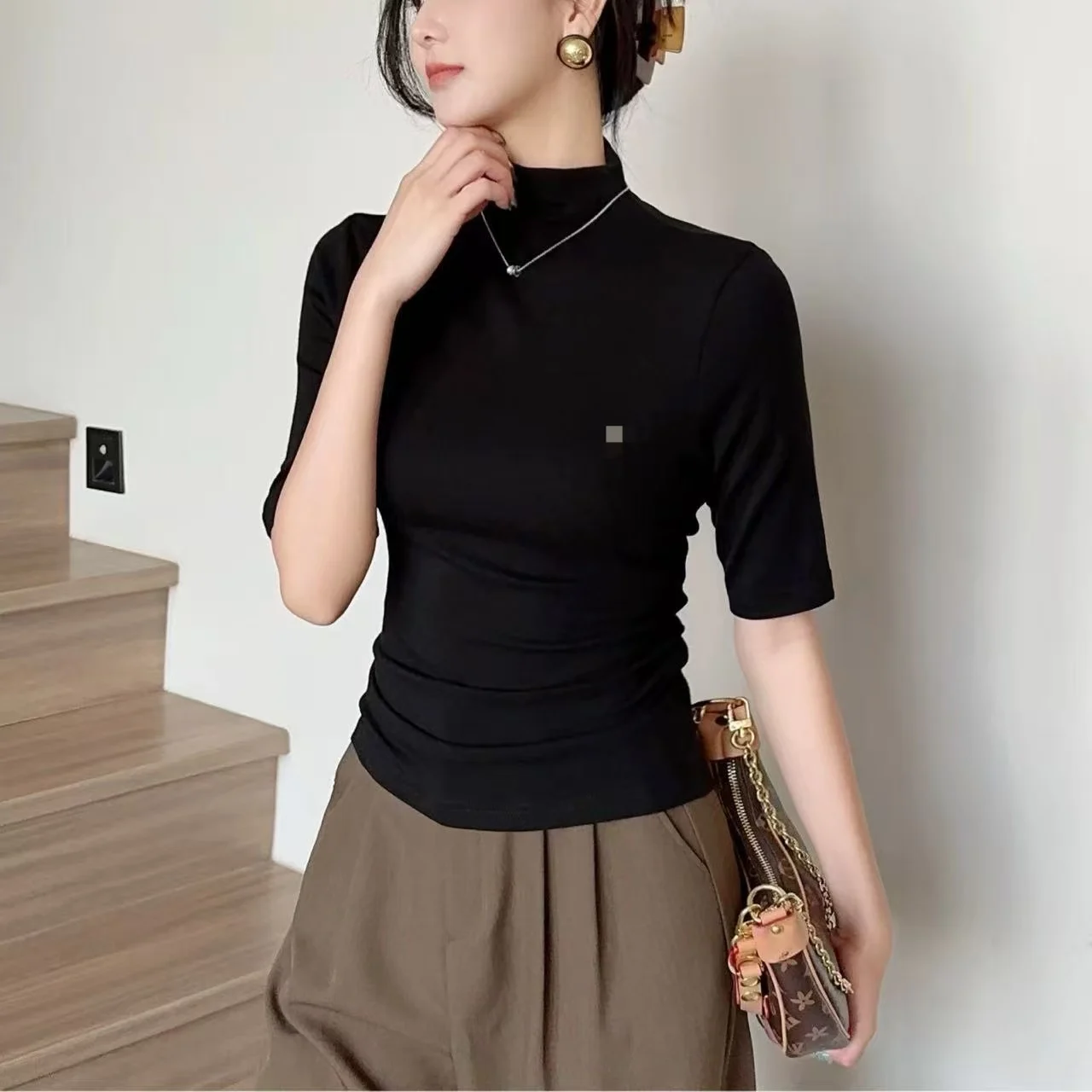 Camiseta Ajustada para Mujer, Cuello Medio Alto, Manga Cinco Puntos, Estilo Europeo, Elegante, para Principios de Primavera, Cintura Ajustada, G818 No Ref...