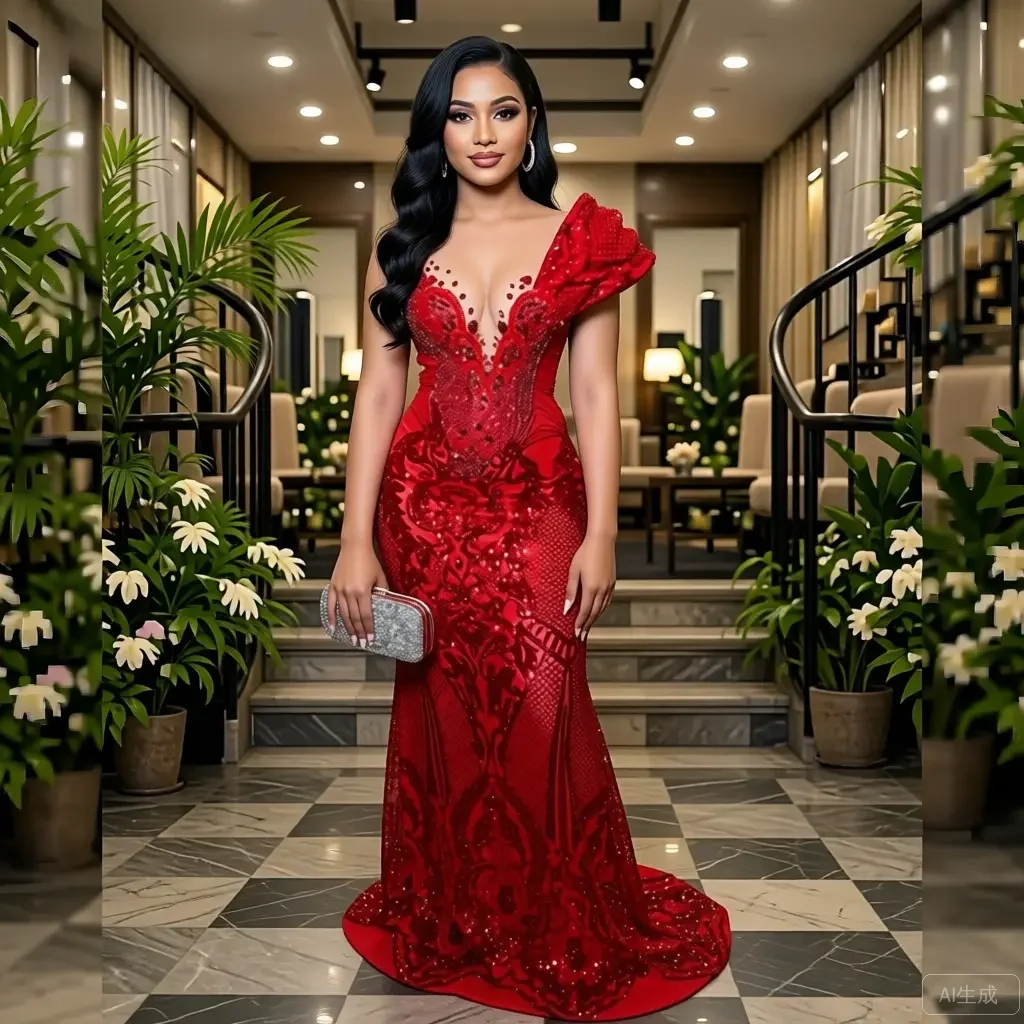 

Red Carpet Elegance 2026 Luxury Red Velvet Evening Gown with 3D Embroidery Mermaid Silhouette One-Shoulder V-Neck Party Dresses
