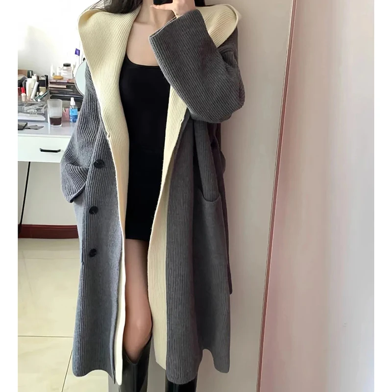 Fake Two-Piece Knitted Cardigan Women Hooded Patchwork Korean Fall Sweater Fashion Loose Casual High Street Big Pockets Jumpers