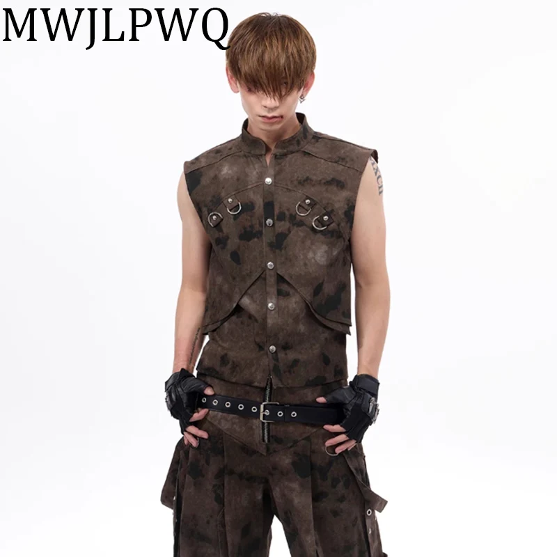 

MWJLPWQ American Denim Camouflage Vests High Street Hihpoph Back Slit Metal Splice Niche Design 2025 Summer New Jean Tide 010805