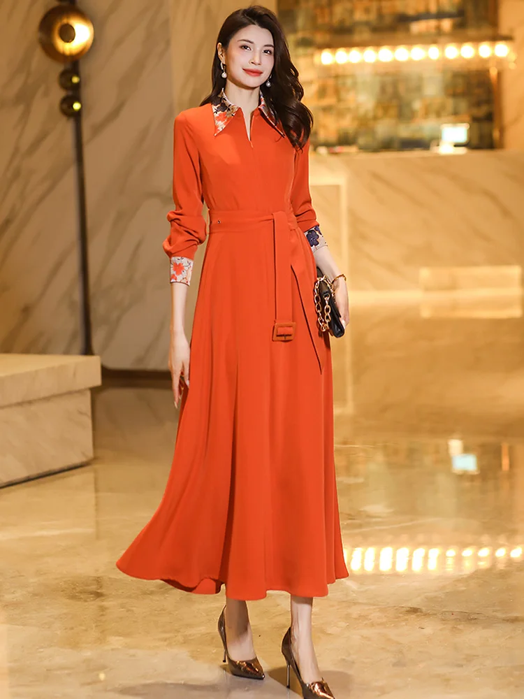 New Women Spring Autumn Mid-Calf Dress Fashion Print Patchwork Long Sleeve Slim Dress Elegant Exquisite Orange red Long Dress