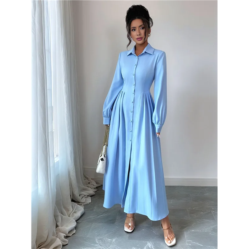 ABRT-فستان نسائي طويل الأكمام بأزرار سفلية فستان ماكسي سوينغ فستان عمل كوكتيل #3