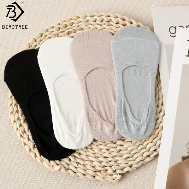 

Birdtree 4 Pairs/Lot 80% Silk 17% Nylon Socks,Women Causl No Show Boat Low Cut Ankle Sock Toe Breathable Odor S57514JF