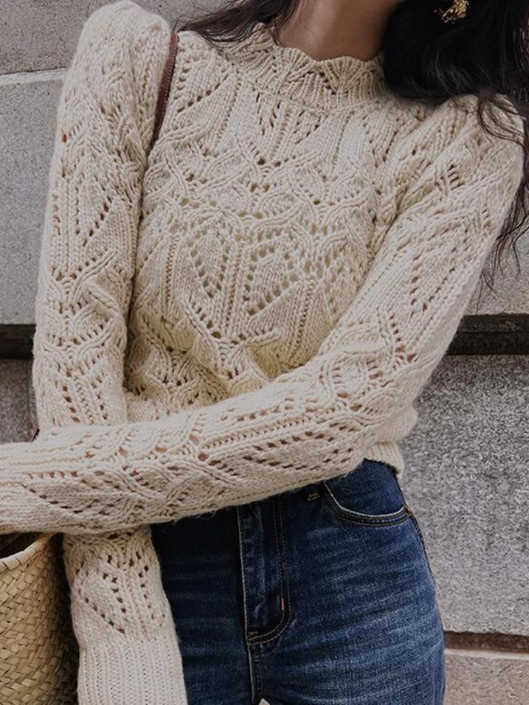 2024 Ropa Mujer Sweater Women Puff Sleeve Knitted Hollow Out Crop Pullovers Autumn Winter Sweet Tops Vintage Chic O Neck Jumper