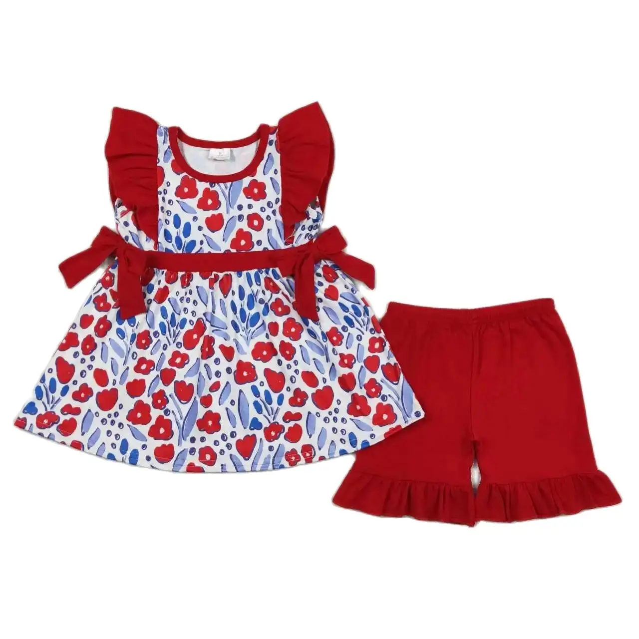 RTS wholesale kids clothing toddler girl patriotic flower red shorts set girls happy 4th outfit children clothes set