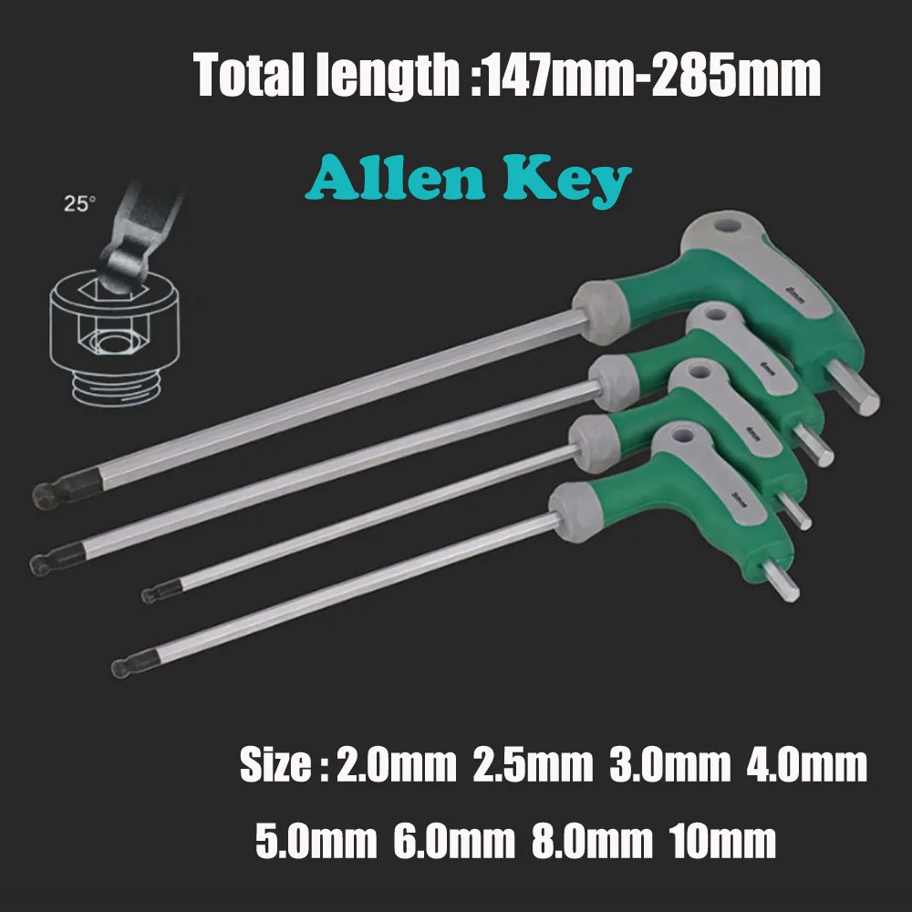 Chromium-vanadiu Steel T Handle Allen Hex Key Ball Head Inner Six Angle Screwdriver Auto Bike Repair Tool 2/2.5/3/4/5/6/8/10mm