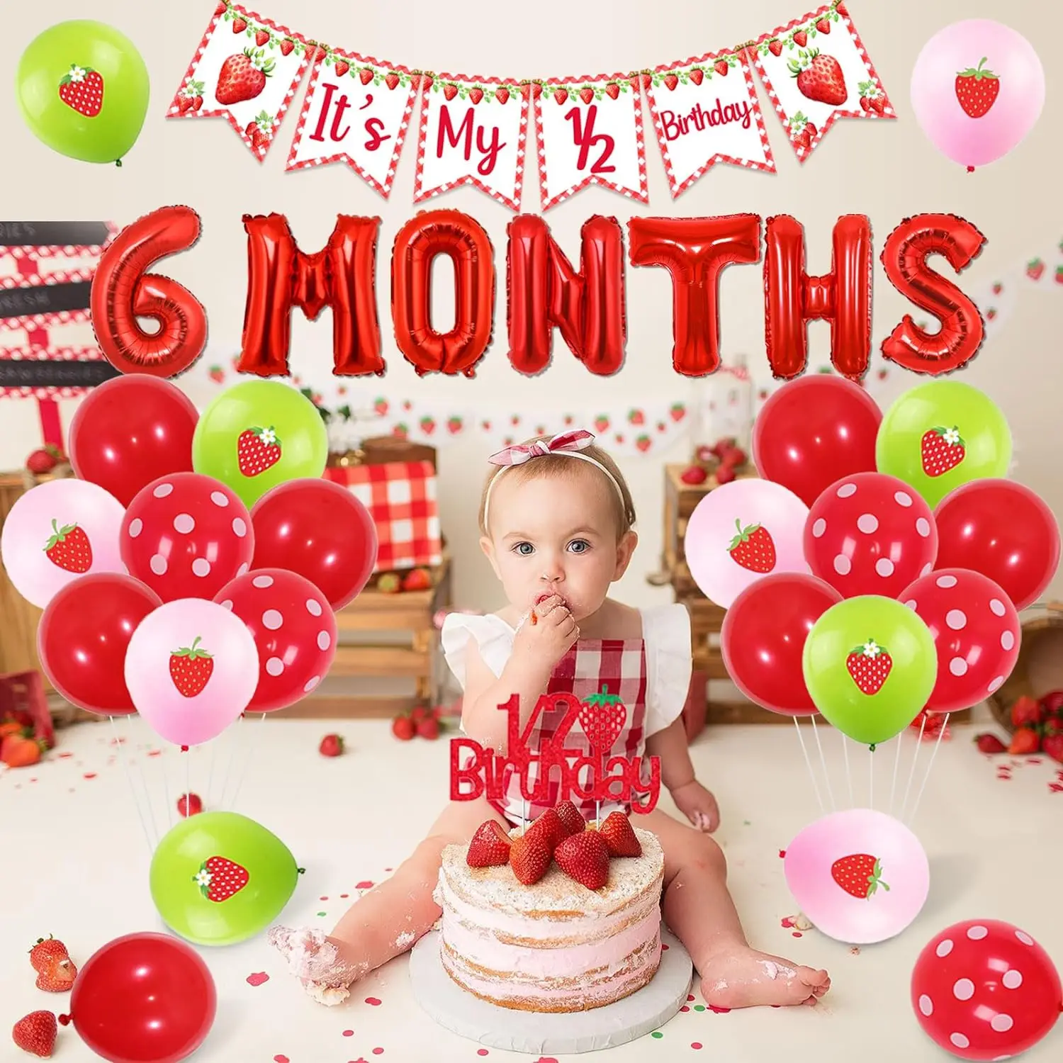 Strawberry Half Birthday Decor It’s My 1/2 Birthday Banner 6 Months Balloons Cake Topper for Girls 1/2 Birthday Party Supplies