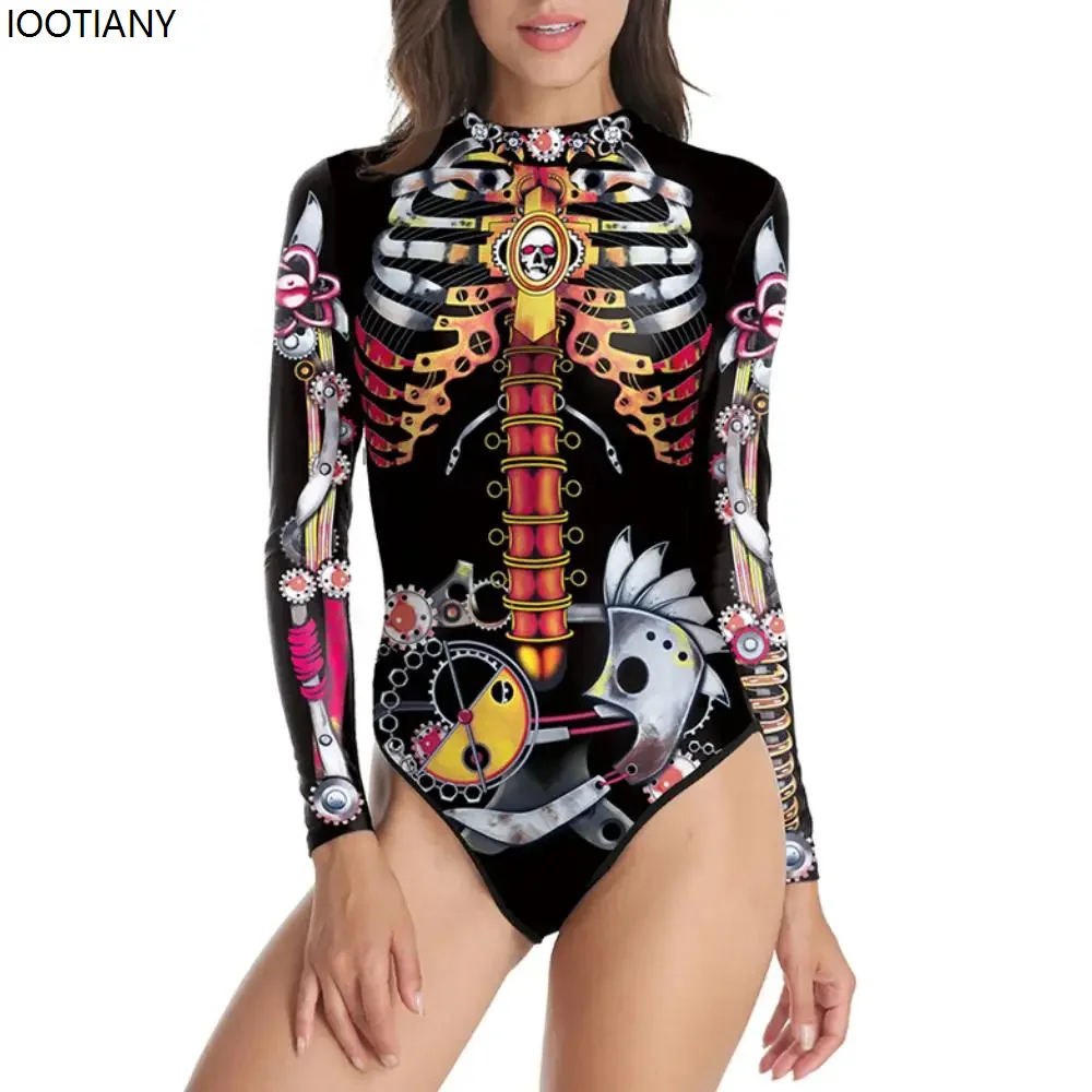 새로운 여성 섹시한 점프 슈트 할로윈 공포 해골 코스프레 수영복 펑크 3D 프린트 긴 소매 수영복 카니발 파티 해변 세트