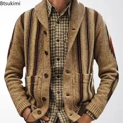 New 2026 Men's Casual Knitted Sweater Autumn Winter Vintage Print Button Cardigan Sweaters Men Fashion Long Sleeve Coat Sweaters