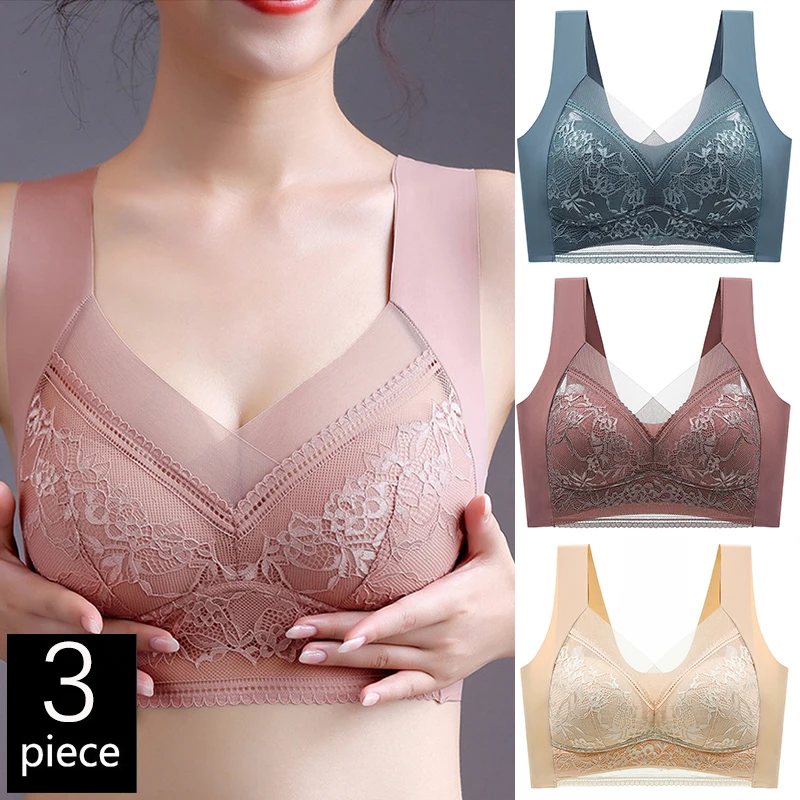 FallSweet 3PCS Lace Push Up Bras for Women Sexy Wireless Bra Ice Silk Deep V Bralette Tops Female Li