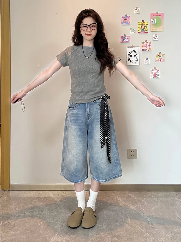 

American Retro Wide Leg Jeans Women Summer Thin Loose Conceal Slimming Pear Shape Seven-Foot Pants Casual High Waist Denim