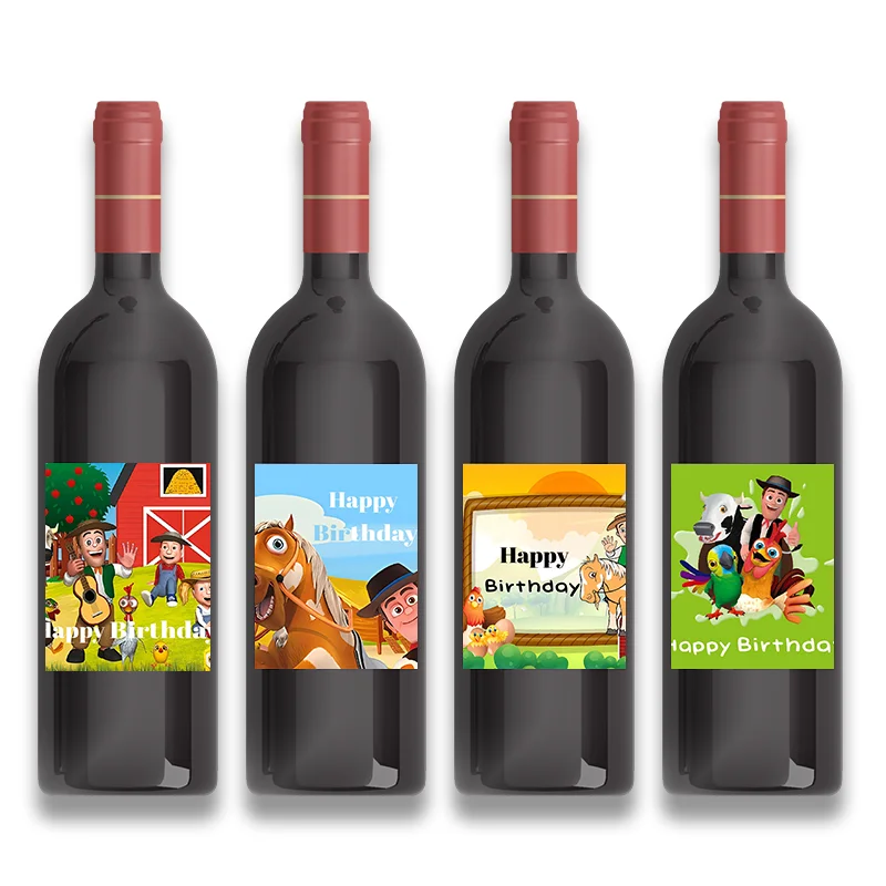 6pcs Cartoon Farm House Fun Barnyard La Granja Theme Customizable Wine Bottle Sticker Birthday Party Anniversary Labels Decorate