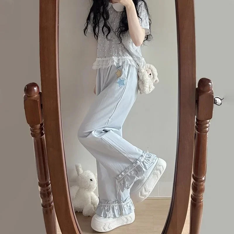 Star Y2K Lace Pants Kawaii Female Student Ins Japanese Cute Soft Color Girl Casual Lace Versatile Wide Leg Pants Loose Pants New