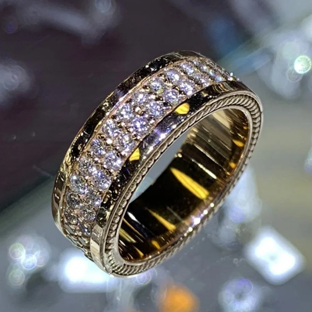 Retro Gorgeous Gold Color Full Inlaid 5A Zircon Wide Band Rings for Women Men Exquisite Business Activities Jewelry Accessories