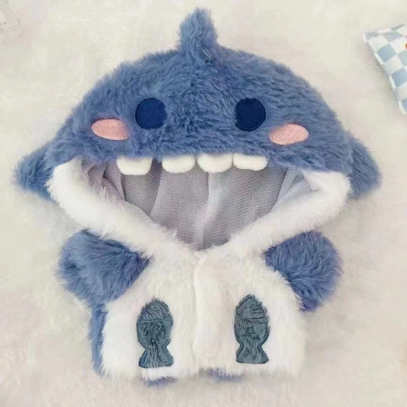 Ropa de muñeca de peluche con capucha de tiburón para muñecas de peluche de 20 cm, atuendo suave y esponjoso, disfraz de anime sin atributos.