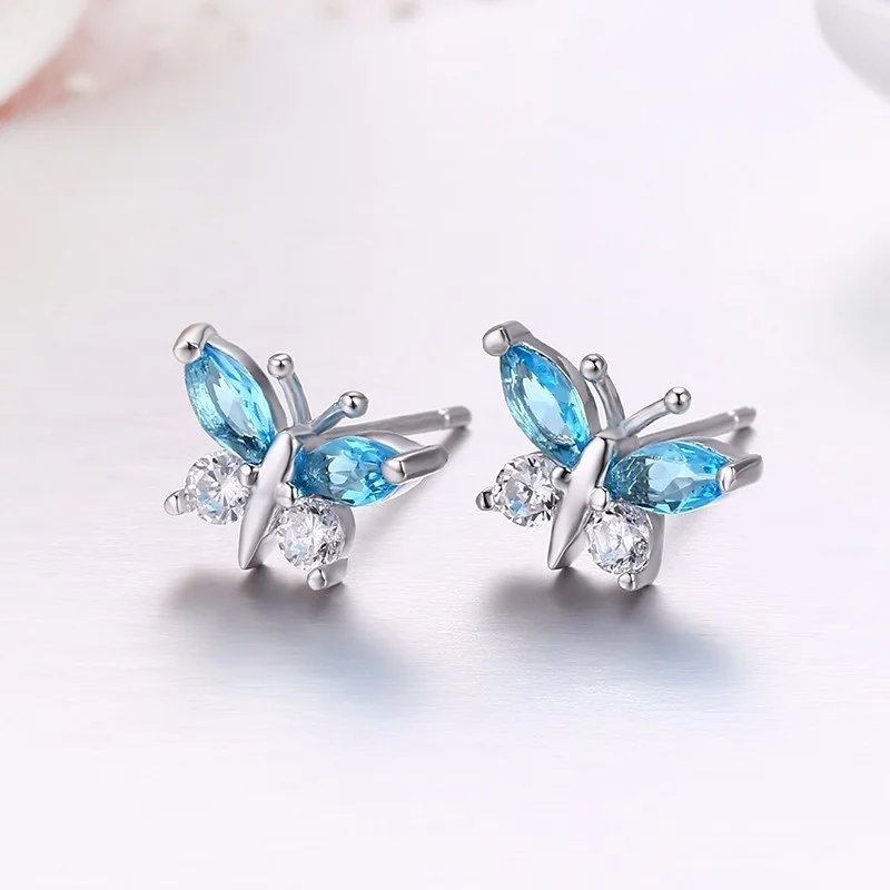 Cute Small 925 Sterling Silver Butterfly Sky Blue CZ Stud Earrings For Women Children Girls Kids Jewellery Orecchini Aros Aretes