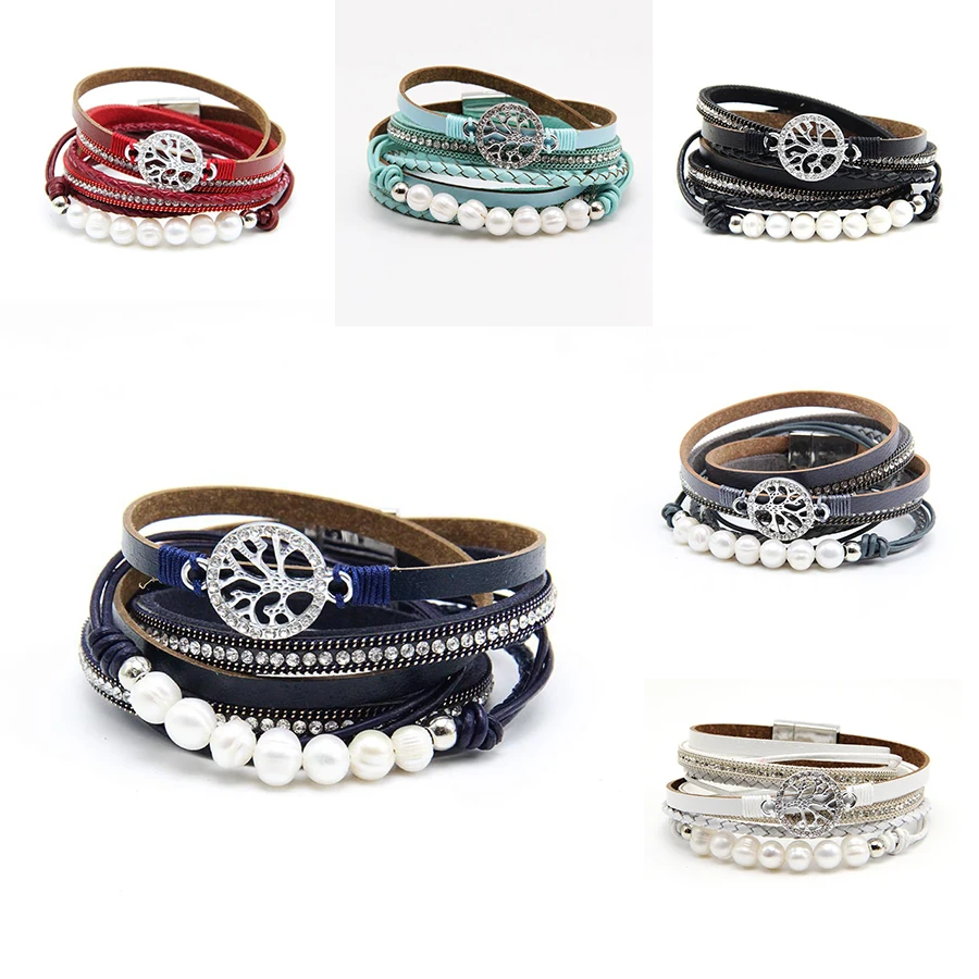 WYBU 7 Colors Tree Of Life Leather Bracelet For Women Alloy Magnetic Clasp Pearl Multilayer Wrap Fashion Women Bangle Jewelry