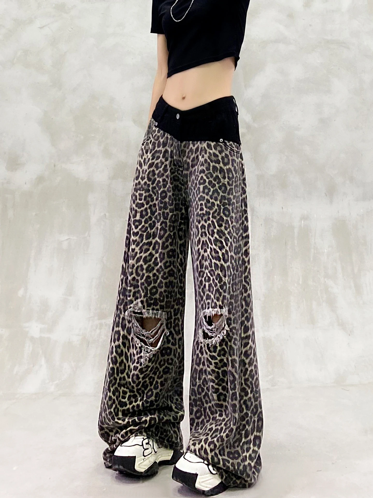 Elegant Leopard Print Splicing Sexy Personality Ripped Jeans Girl Summer New High Waist Loose Versatile Straight Wide-leg Pants