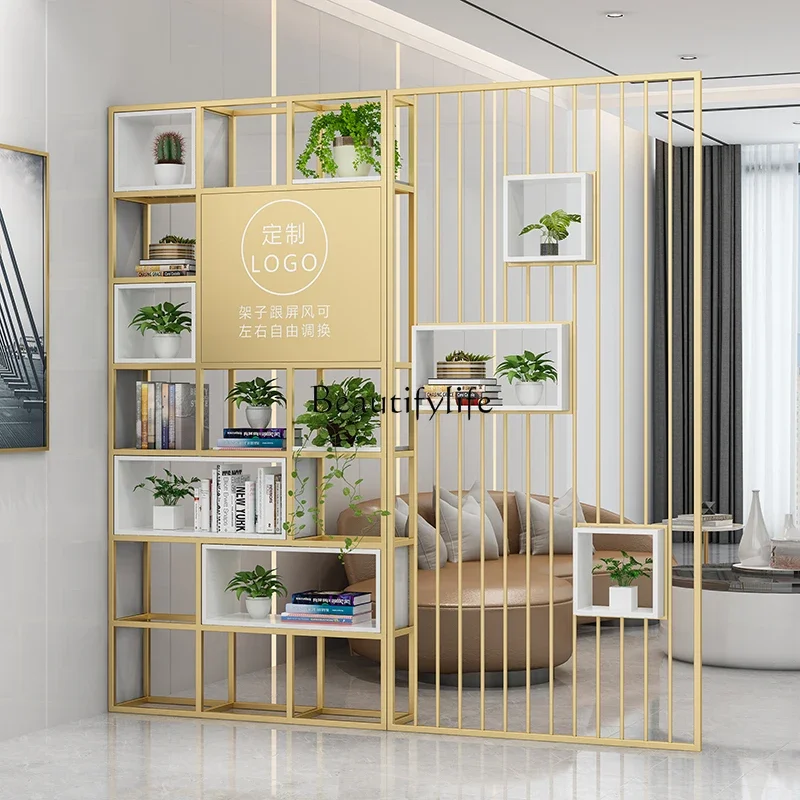 

Light luxury bookshelf wrought iron screen hair salon beauty salon gold partition storage cabinet display rack